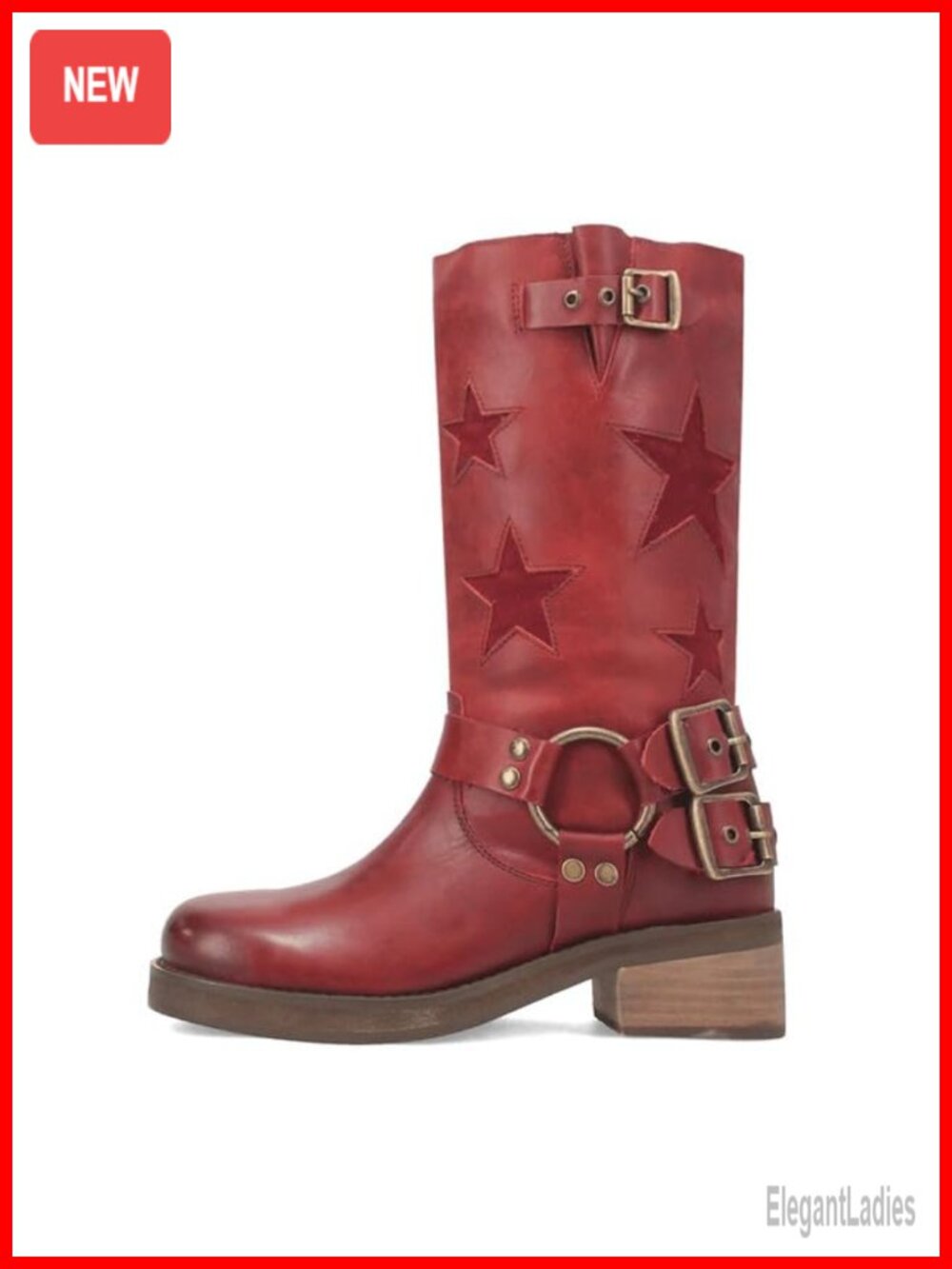 Knee High Riding Boots Square Toe Chunky Heel Buckle Vegan Leather Mid Calf